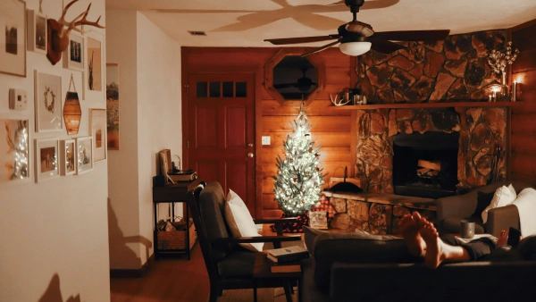 Cozy living room decorated for Christmas. Comfort and financing: home credit for your dream house.