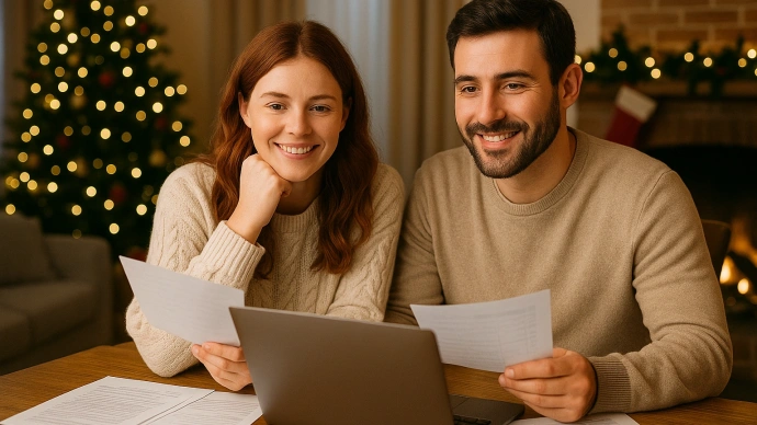 Casal sorridente a analisar documentos e propostas de crédito junto à árvore de Natal. Comparar ofertas de crédito para poupar.
